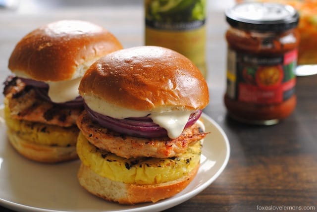 Red Curry Chicken Burgers with Grilled Pineapple