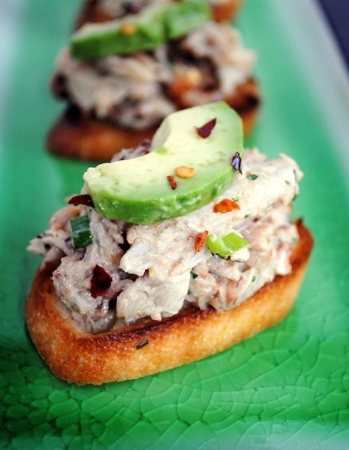 Crabby Snacks - Crunchy crostini topped with cold crab salad and creamy avocado. Inspired by "Silver Linings Playbook." | foxeslovelemons.com