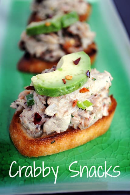 Crabby Snacks - Crunchy crostini topped with cold crab salad and creamy avocado. Inspired by "Silver Linings Playbook." | foxeslovelemons.com