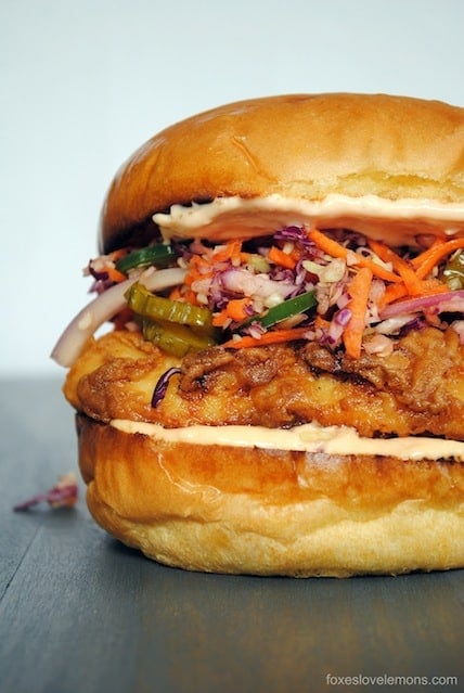 Fried Chicken Sandwiches with Pickle Coleslaw - The Best Sandwich You'll Ever Eat! | foxeslovelemons.com