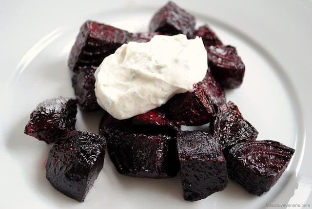 Roasted Beets with Chevre-Yogurt Sauce - An easy but elegant starter or side dish. | foxeslovelemons.com