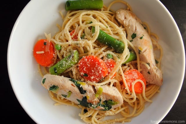 Spring Vegetable & Chicken Primavera - light and fresh simple pasta dinner that celebrates fresh vegetables. | foxeslovelemons.com