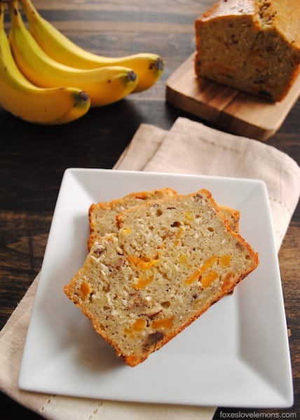 Tropical Mango Banana Bourbon Bread - a taste of Hawaii in a slice of bread! | foxeslovelemons.com