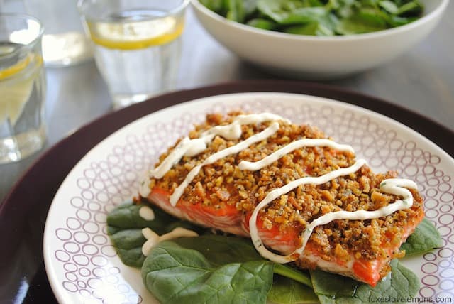 Everything Bagel-Crusted Salmon with Creamy Chive Sauce - Foxes Love Lemons