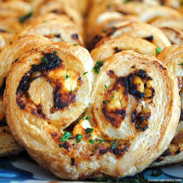 Savory Palmiers with goat cheese, sundried tomatoes, pine nuts and basil pesto.