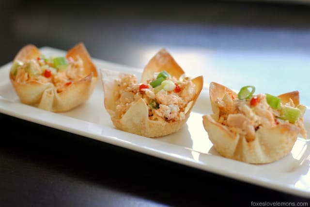 Buffalo Chicken Salad Wonton Cup Appetizers - so simple, so fast, yet such an impressive party bite! | foxeslovelemons.com