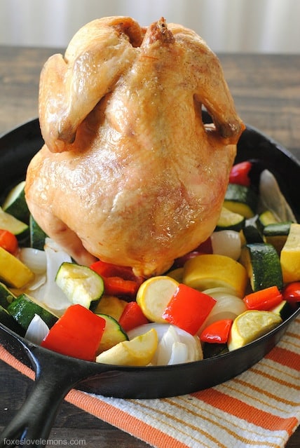 Grill-Roasted Chicken & Vegetables (beer can chicken with summer vegetables) | foxeslovelemons.com