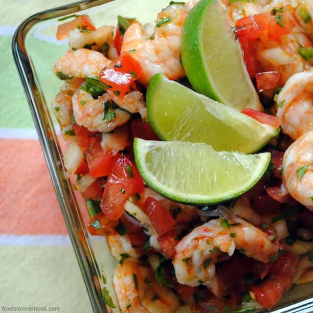 Fresh, healthy and easy! This Shrimp Ceviche recipe will wow as a restaurant-quality party appetizer that is so simple to make at home. | foxeslovelemons.com