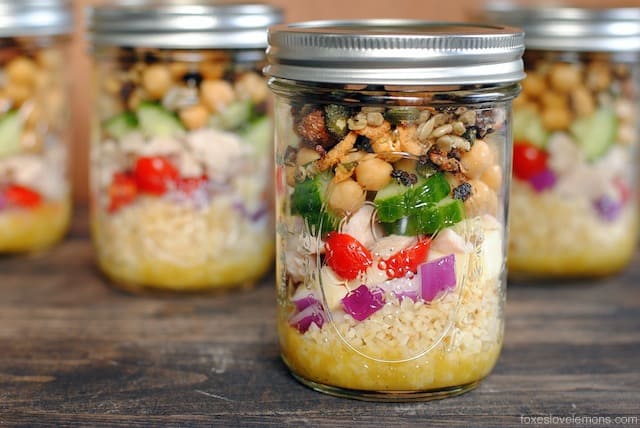 Chopped Salad Jars with White Balsamic-Dijon Vinaigrette - make 4 healthy and delicious lunches at once, and keep them in the fridge all week! | foxeslovelemons.com