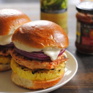 Red Curry Chicken Burgers with Grilled Pineapple, Red Onion & Lime Mayo | foxeslovelemons.com