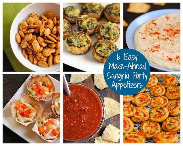 Collage of 6 photos of food to serve with sangria with overlay "6 Easy Make-Ahead Sangria Party Appetizers"