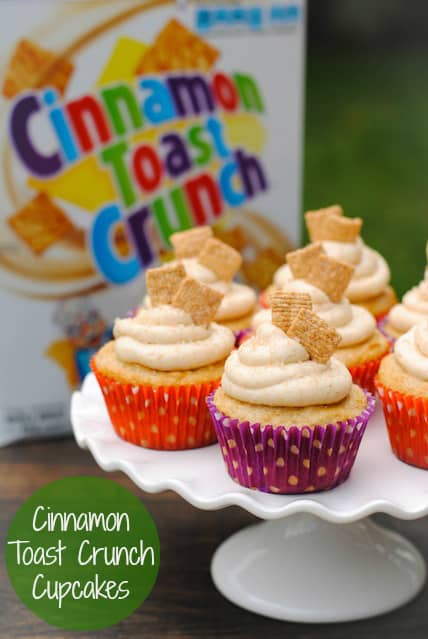 Cinnamon Toast Crunch Cupcakes - a festive cupcake that tastes just like the kid's cereal. Recipe originally published by Your Cup of Cake. | foxeslovelemons.com
