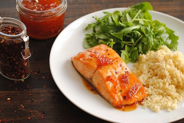 Roasted Salmon with Spicy Apricot Glaze – a healthy meal that comes together in THREE MINUTES, plus roasting. | foxeslovelemons.com