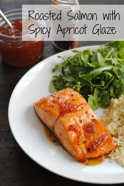 Roasted Salmon with Spicy Apricot Glaze – a healthy meal that comes together in THREE MINUTES, plus roasting. | foxeslovelemons.com