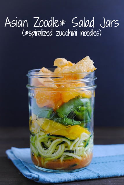 Asian Zoodle Salad Jars - Spiralized zucchini noodles, yellow bell pepper, sugar snap peas, mandarin oranges, crunchy wonton strips and sesame-ginger dressing. A portable and healthful make-ahead lunch! | foxeslovelemons.com