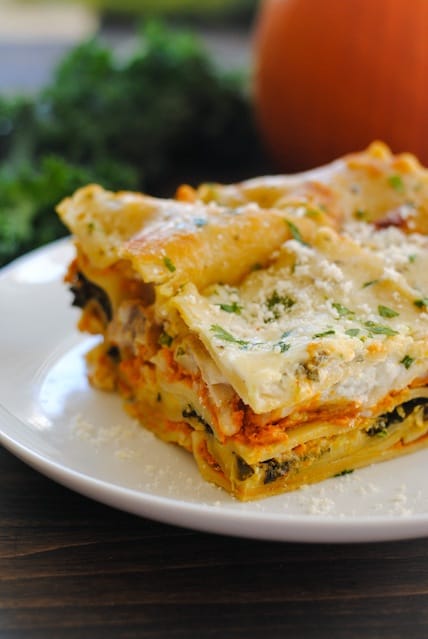 Pumpkin & Kale Lasagna - A hearty dish filled with fall flavors like pumpkin and sage. Can be vegetarian, or chicken sausage may be added, if desired. | foxeslovelemons.com