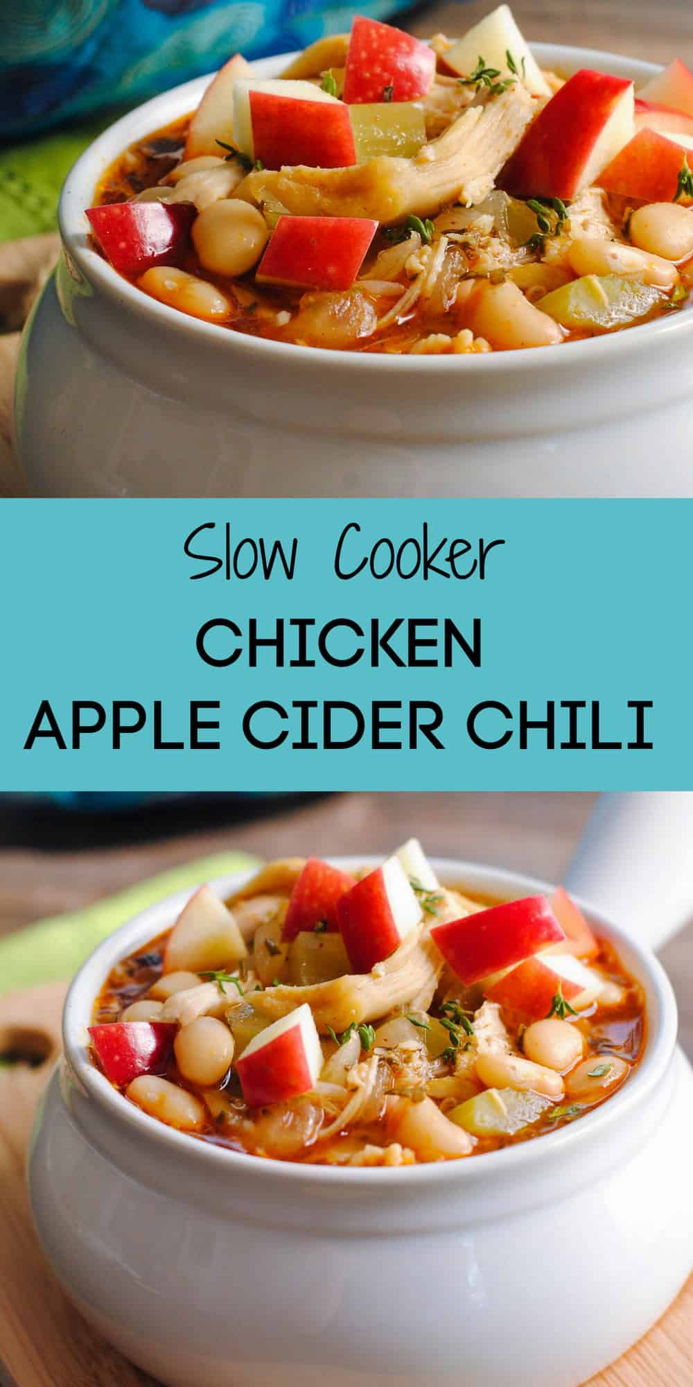 This Slow Cooker Chicken Apple Cider Chili is a simple soup with a surprising depth of flavor from fall herbs and apple cider. | foxeslovelemons.com