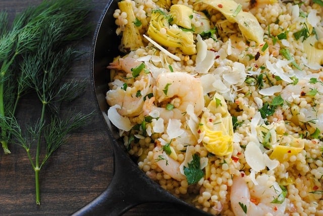 Lemon and Artichoke Israeli Couscous with Shrimp | www.foxeslovelemons.com