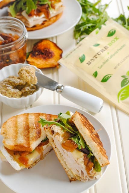 Turkey, Brie & Peach Panini - a sweet, savory & cheesy turkey sandwich. | foxeslovelemons.com