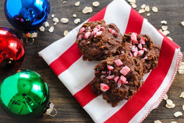 Candy Cane No-Bake Cookies - A 15-minute holiday cookie, no baking experience needed! | foxeslovelemons.com