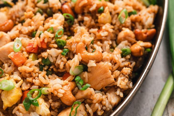 A closeup photo of an easy chicken fried rice recipe.