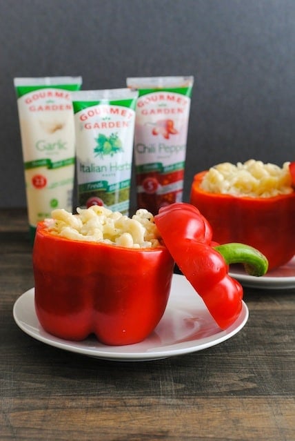 Italian Mac & Cheese Stuffed Peppers - Creamy pasta with lots of cheese and herbs stuffed into red peppers and roasted. | foxeslovelemons.com