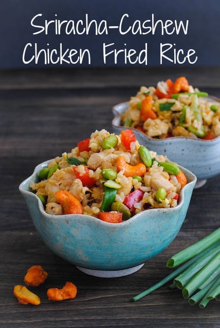 Sriracha Cashew Chicken Fried Rice - brown rice, lots of veggies and chicken make this a colorful and flavorful wok meal! | foxeslovelemons.com