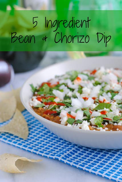 5 Ingredient Bean & Chorizo Dip - Chorizo, pinto beans, tomatillo salsa, lime juice and sour cream combine to make a game day dip the whole crowd will love! | foxeslovelemons.com