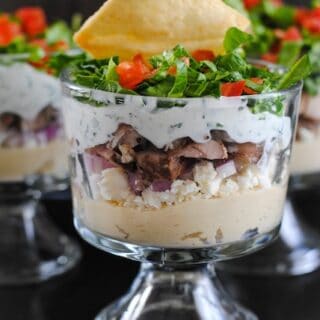 Chicken Shawarma Seven Layer Dip - A crowd-pleasing Middle Eastern-inspired layered dip! | foxeslovelemons.com
