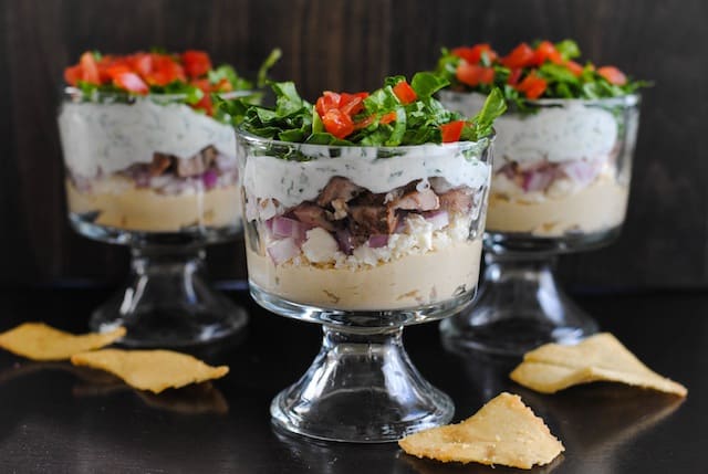 Chicken Shawarma Seven Layer Dip - A crowd-pleasing Middle Eastern-inspired layered dip! | foxeslovelemons.com