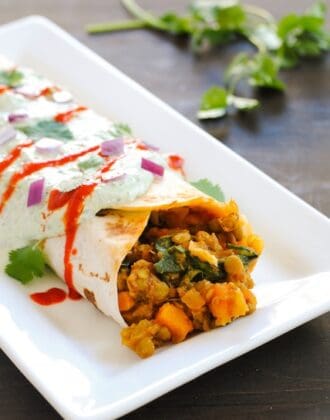 Vegetarian burrito on white rectangle plate.