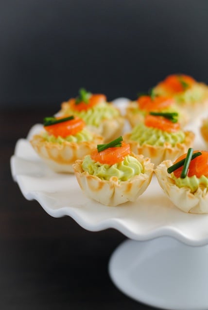 Smoked Salmon & Avocado Mousse Phyllo Cups - A tiny party bite that is full of flavor, perfect for any occasion. | foxeslovelemons.com