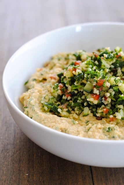 Tabbouleh Hummus - A big bowl of fresh, healthy Mediterranean dip! | foxeslovelemons.com
