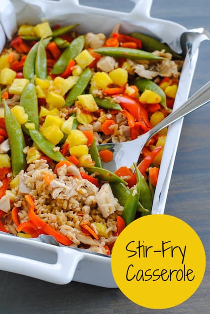 Sweet and Sour Chicken Stir-Fry Casserole - An Asian-inspired chicken and rice casserole that is loaded with veggies! A breeze to prepare and clean up. | foxeslovelemons.com