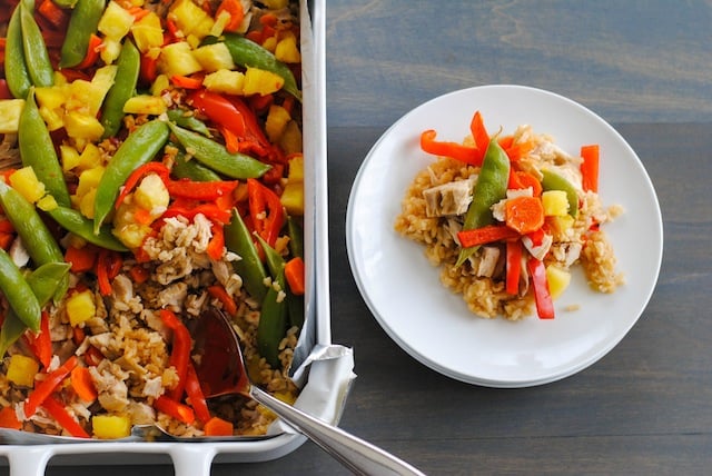 Sweet and Sour Chicken Stir-Fry Casserole - An Asian-inspired chicken and rice casserole that is loaded with veggies! A breeze to prepare and clean up. | foxeslovelemons.com