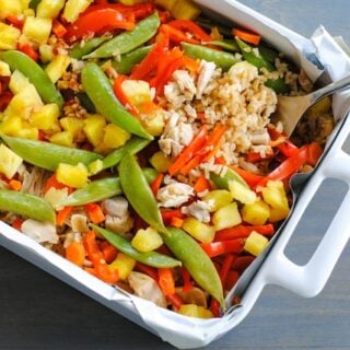 Sweet and Sour Chicken Stir-Fry Casserole - An Asian-inspired chicken and rice casserole that is loaded with veggies! A breeze to prepare and clean up. | foxeslovelemons.com