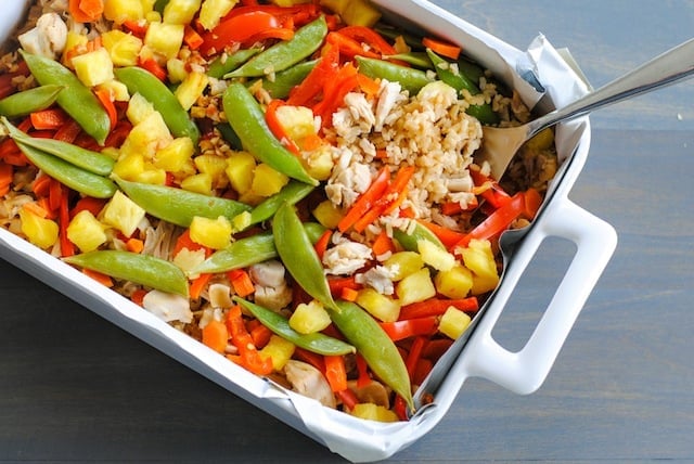 Sweet and Sour Chicken Stir-Fry Casserole - An Asian-inspired chicken and rice casserole that is loaded with veggies! A breeze to prepare and clean up. | foxeslovelemons.com