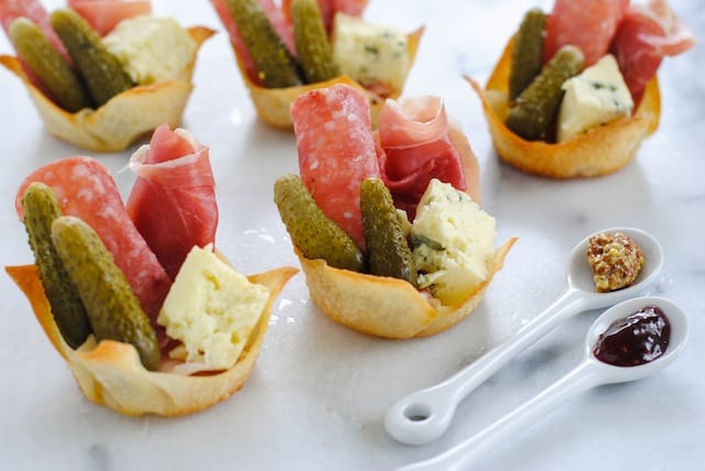 Charcuterie Party Cups - A charcuterie board in a personal-sized wonton cup appetizer! | foxeslovelemons.com