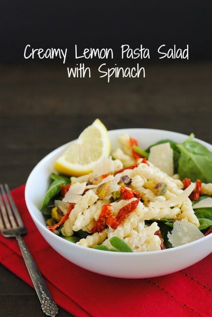 Creamy Lemon Pasta Salad with Spinach - A lightened-up workweek lunch that will get you through the afternoon! | foxeslovelemons.com