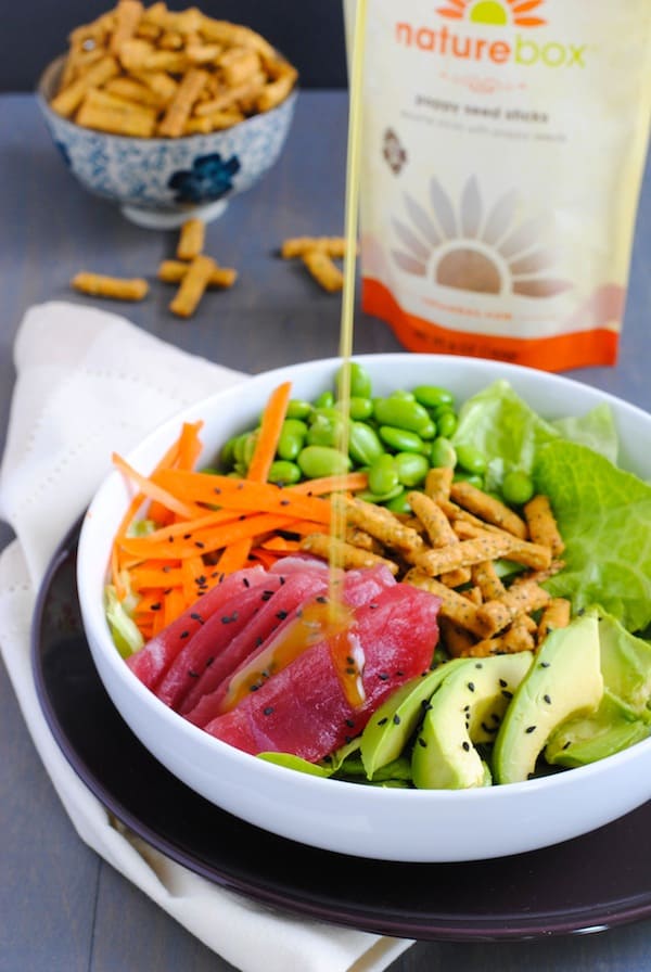 Ahi Tuna Salad with Miso-Wasabi Dressing - A fresh and healthy sushi roll, in a bowl! | foxeslovelemons.com