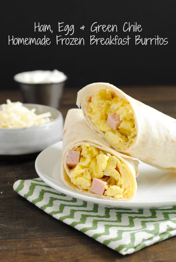 Homemade Green Chile & Ham Frozen Breakfast Burritos - Make a big batch of breakfast burritos at home! Freeze them, then just microwave as needed. | foxeslovelemons.com