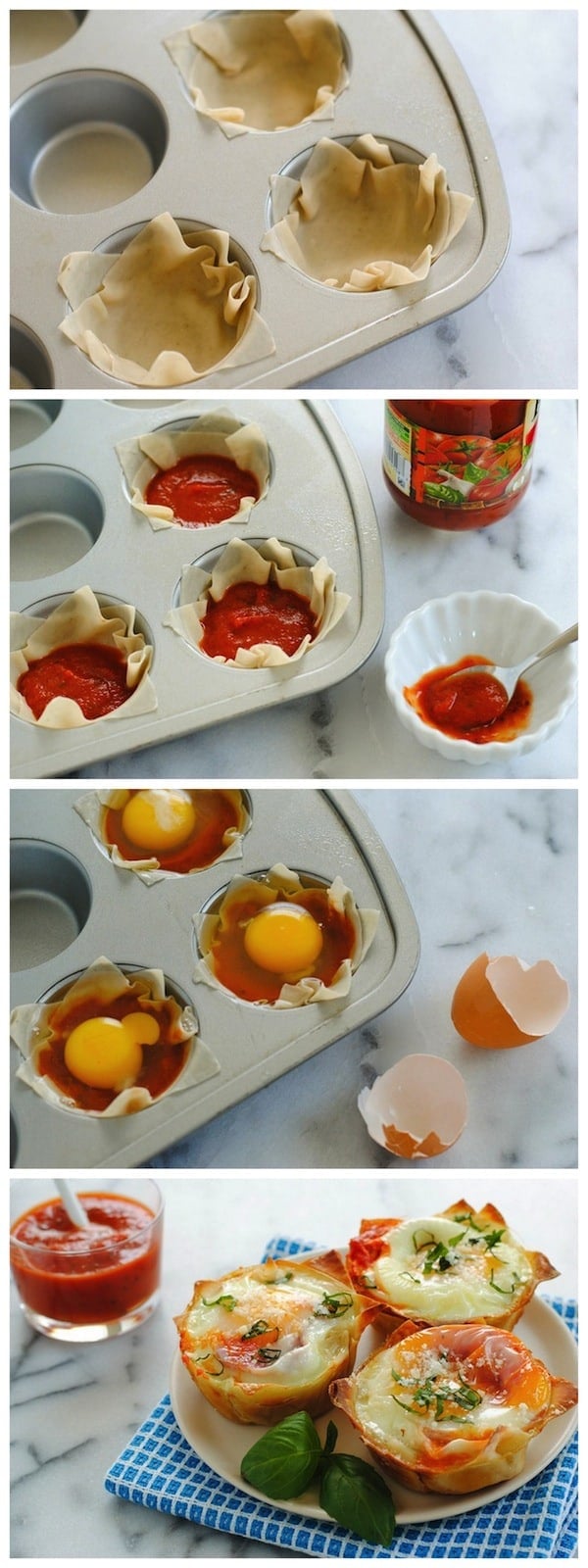 Italian Egg Wonton Cups - A cute, delicious way to serve eggs to a crowd at brunch! Crispy wonton cups filled with marinara sauce and eggs, topped with Parmesan cheese and basil. | foxeslovelemons.com