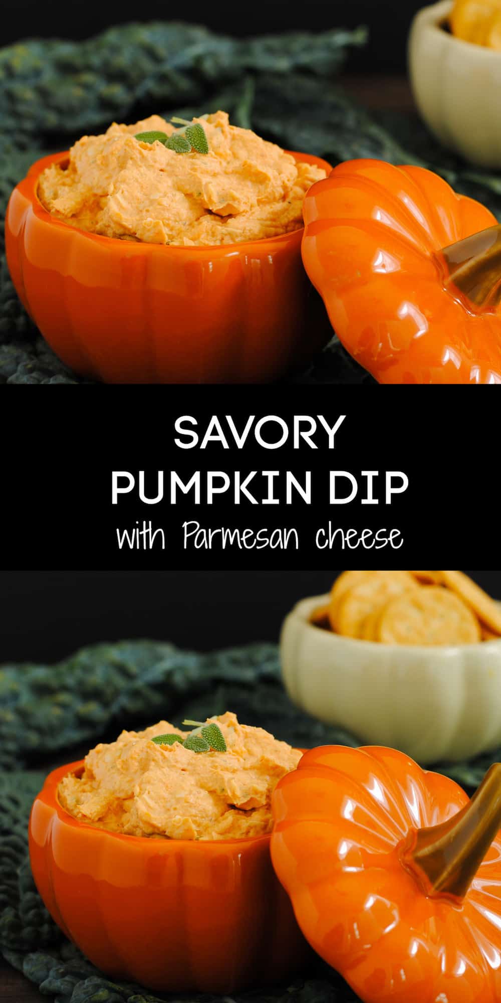Collage of images of light orange dip served in a small ceramic pumpkin with overlay: SAVORY PUMPKIN DIP with Parmesan cheese.
