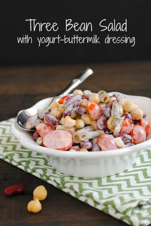 Three Bean Salad with Yogurt-Buttermilk Dressing - A protein packed salad that can be kept in the fridge for lunches throughout the week! | foxeslovelemons.com