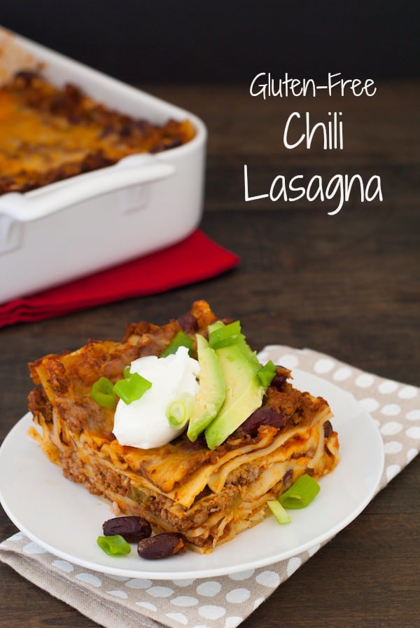 Gluten-Free Chili Lasagna - No matter your reason for skipping gluten, this casserole doesn't skip any flavor! Layers of pasta, hearty beef and bean chili, and Colby Jack cheese, topped with Greek yogurt and avocado! | foxeslovelemons.com