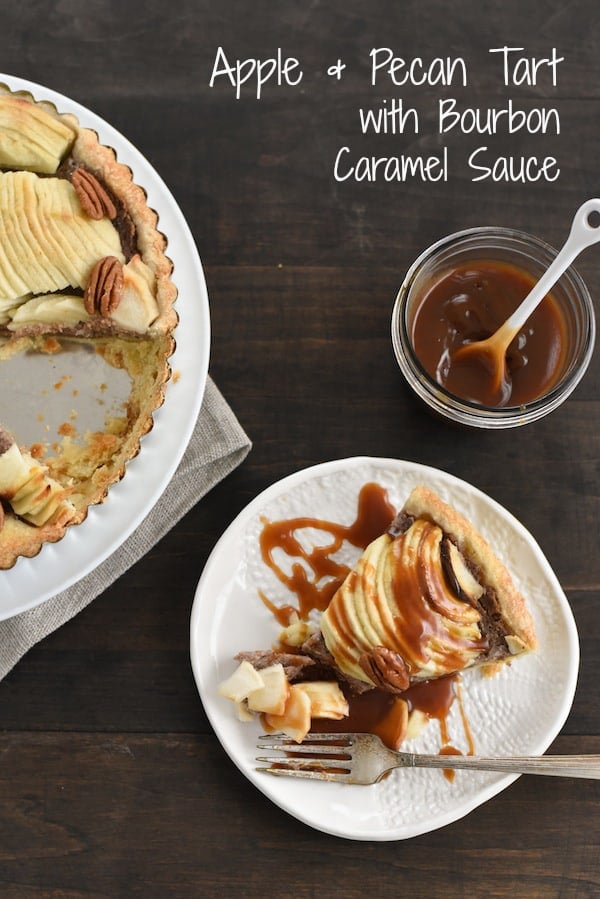 Apple & Pecan Tart with Bourbon Caramel Sauce - A flaky tart crust layered with homemade maple-pecan butter and apples, then drizzled with decadent bourbon caramel sauce! | foxeslovelemons.con