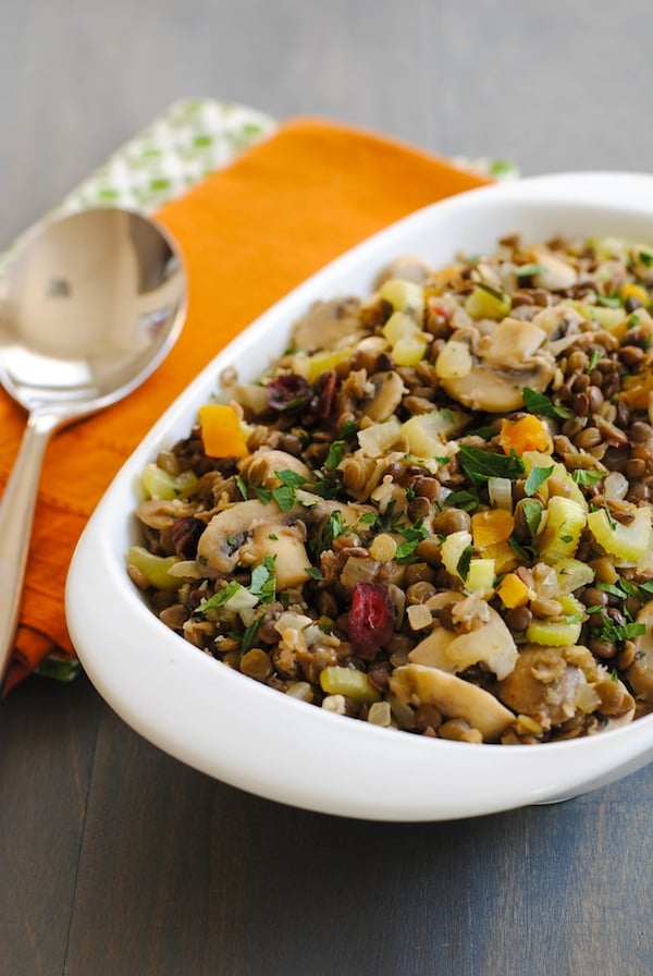Lentil & Mushroom Dressing - A gluten-free stuffing/dressing that all your guests will enjoy! Includes two types of lentils, dried fruit and herbs. | foxeslovelemons.com