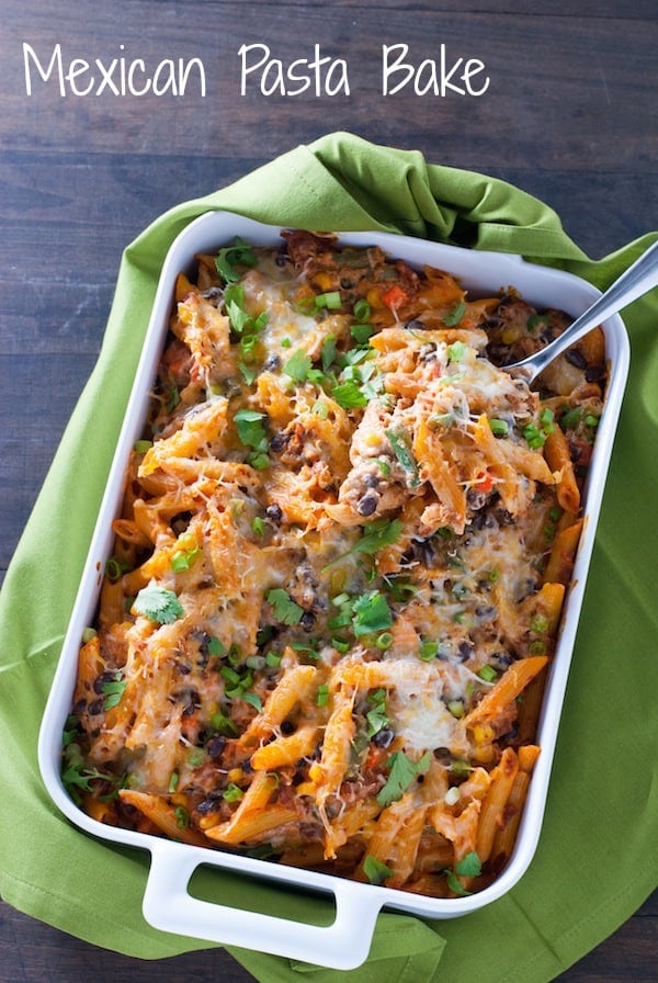 Mexican Pasta Bake - Baked penne loaded with chorizo sausage, black beans, veggies and cheese! | foxeslovelemons.com