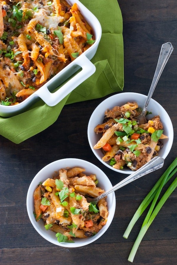 Mexican Pasta Bake - Baked penne loaded with chorizo sausage, black beans, veggies and cheese! | foxeslovelemons.com