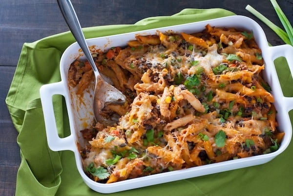 Mexican Pasta Bake - Baked penne loaded with chorizo sausage, black beans, veggies and cheese! | foxeslovelemons.com